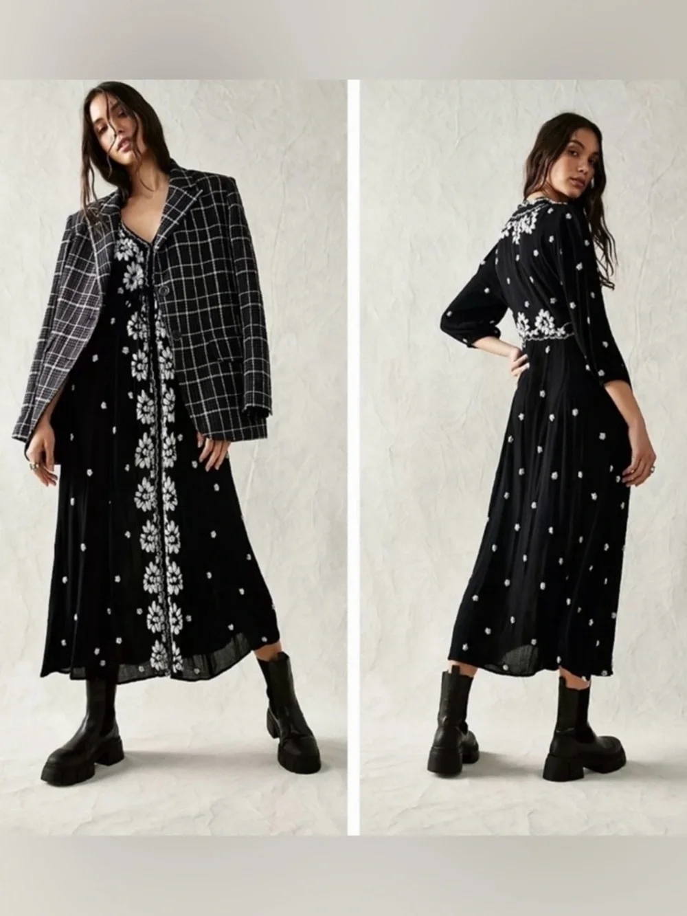 Free People Embroidered Fable V-Neck‎ Empire Waist Midi Dress Black Size Small